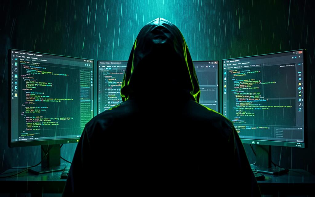 Hooded developer silhouette in front of glowing code terminals